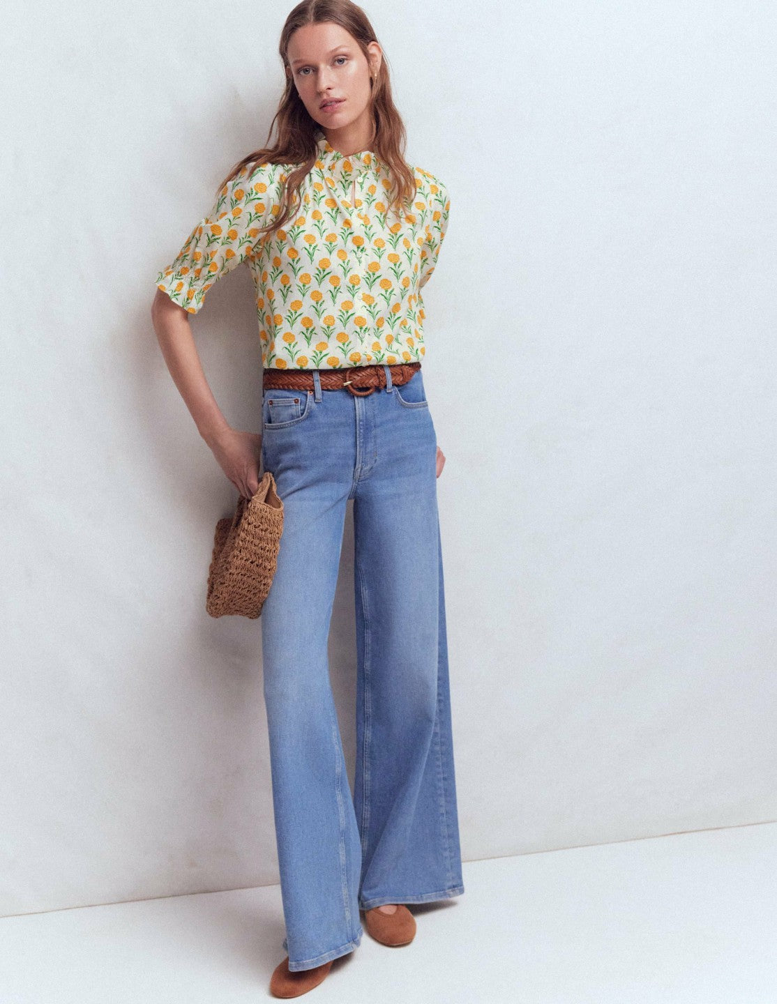 Heather Smocked Sleeve Top-Marigold, Carnation Stems / Boden Online