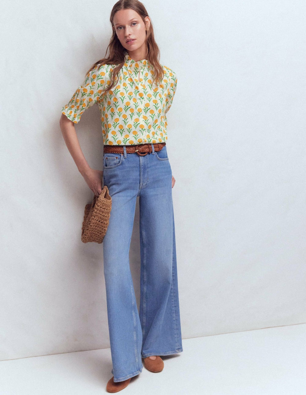 Heather Smocked Sleeve Top-Marigold, Carnation Stems / Boden Online
