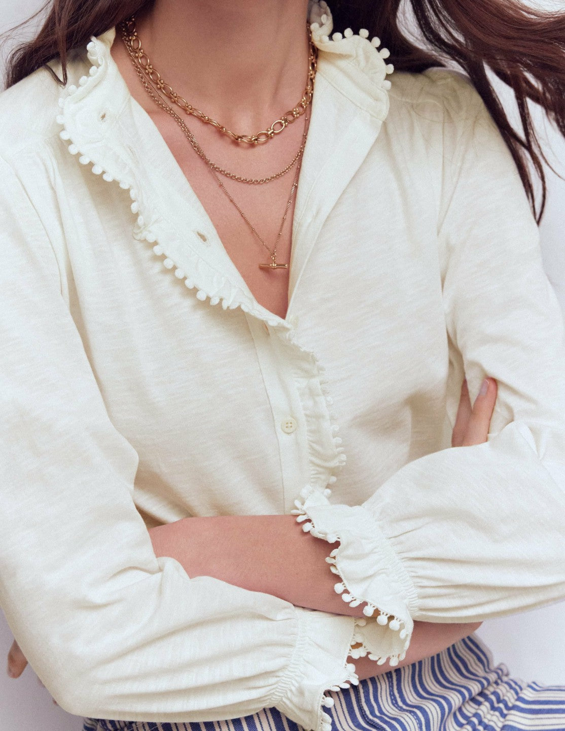 Emily Pom Trim Ruffle Shirt-Ivory / Boden On sale