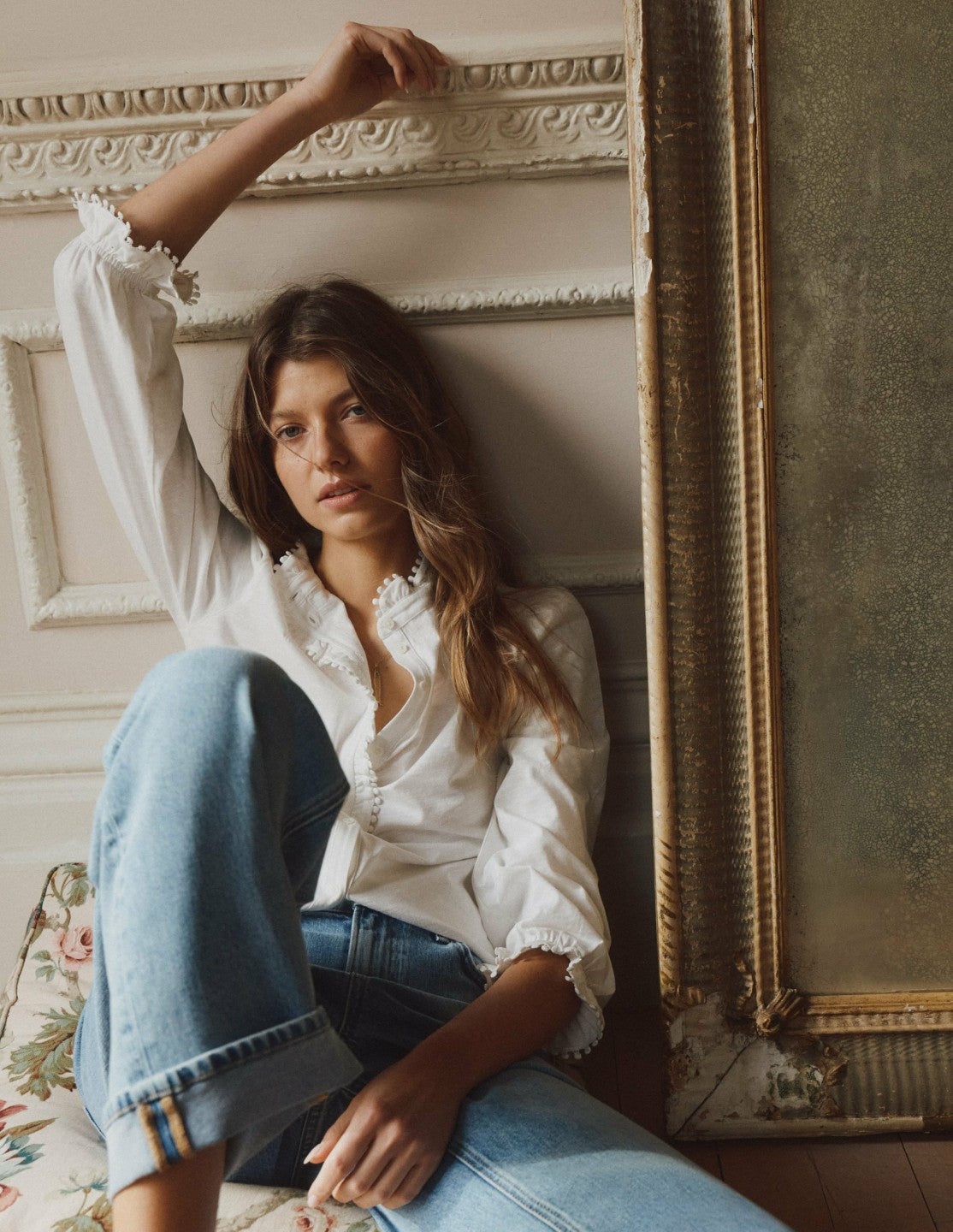 Emily Pom Trim Ruffle Shirt-Ivory / Boden On sale