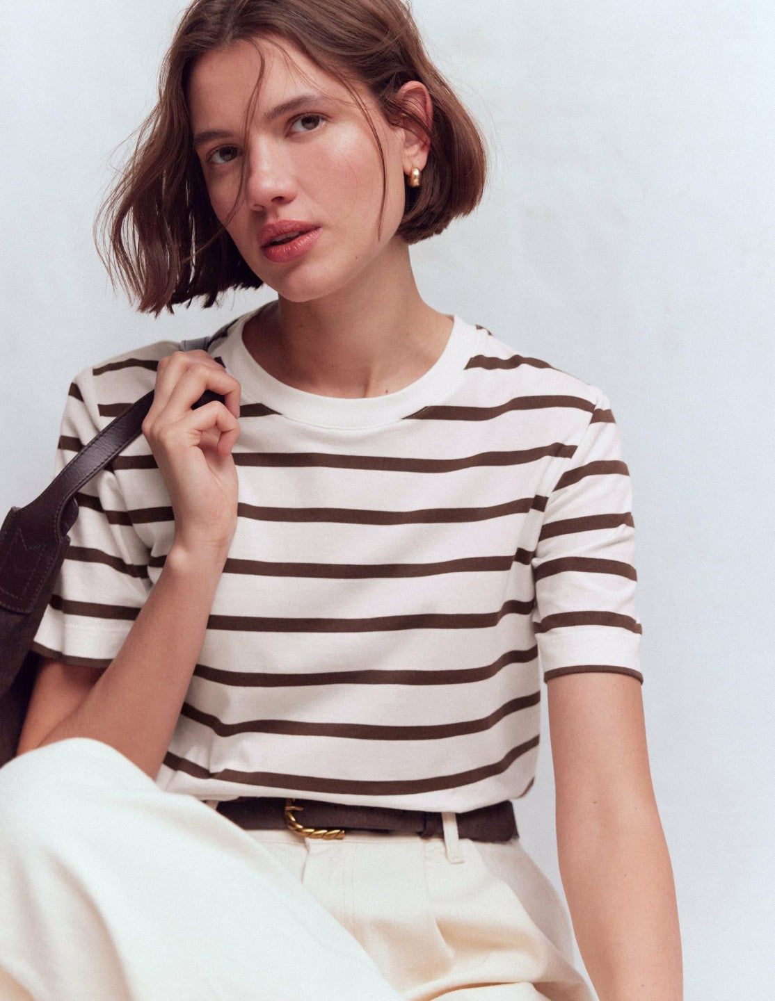 Relaxed Cotton T-shirt-Brown and Ivory Stripe / Boden