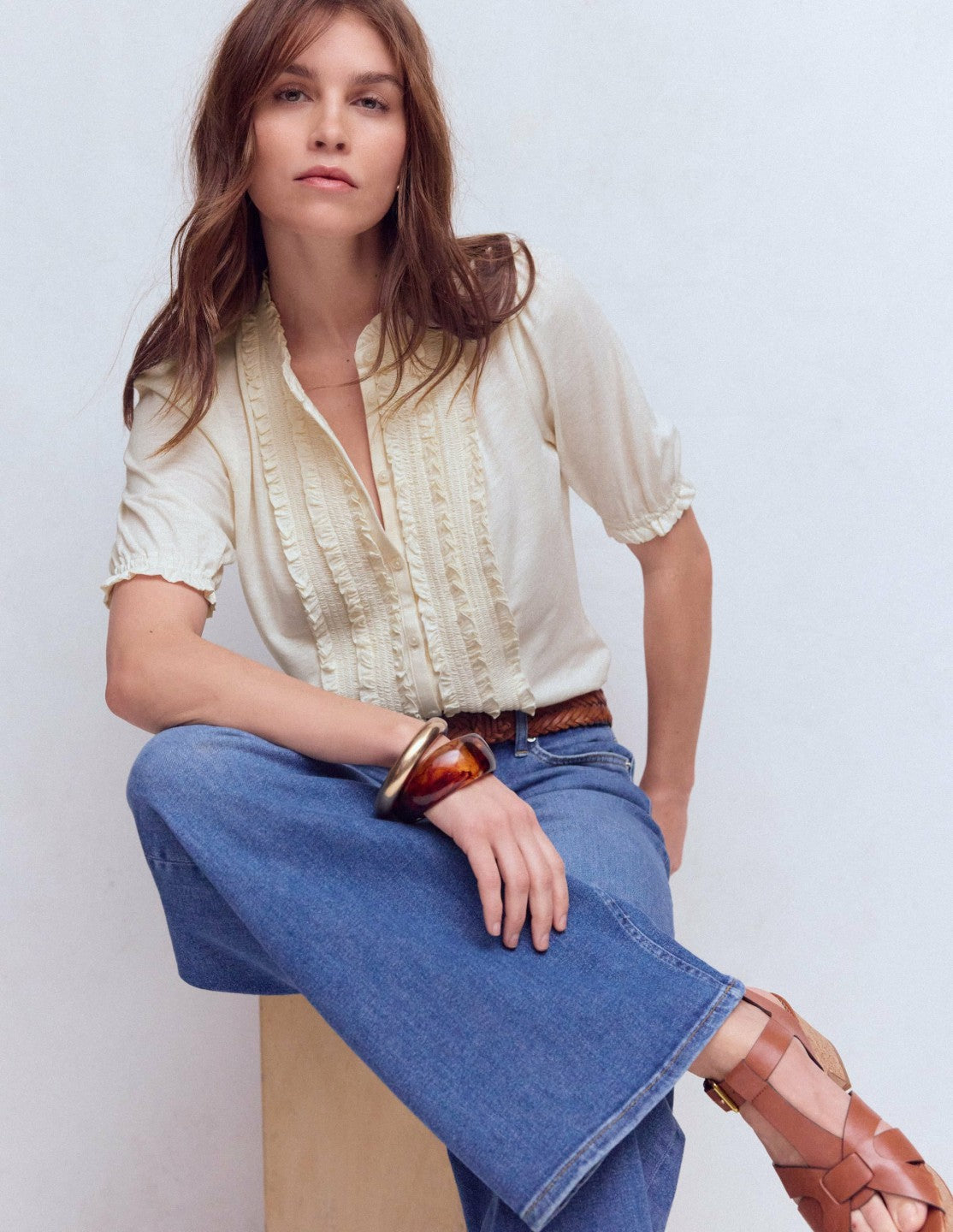 Eda Ruffle Front Shirt-Ivory / Boden Sale