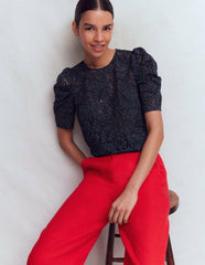 Pleat Sleeve Lace T-shirt-Navy / Boden Outlet