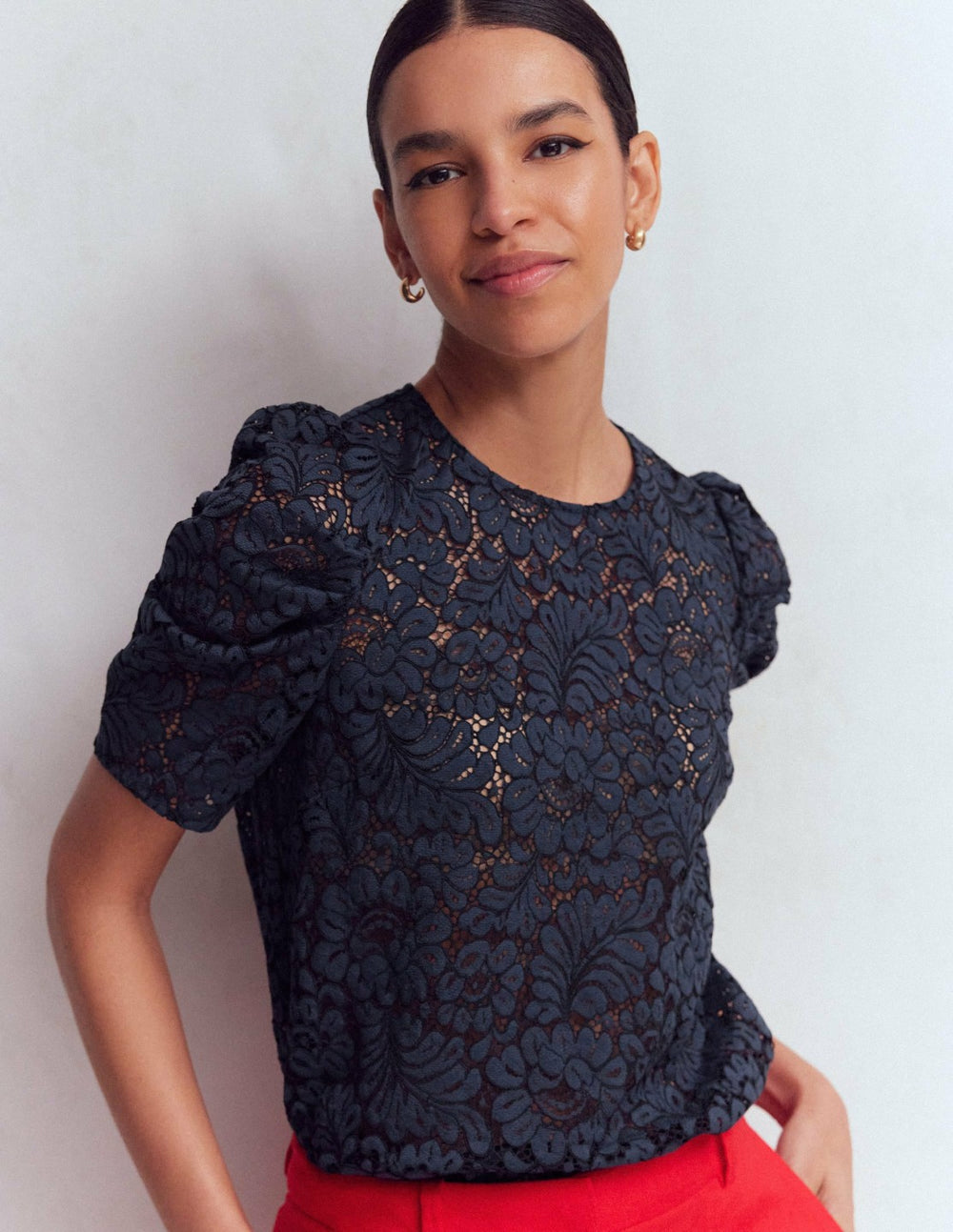 Pleat Sleeve Lace T-shirt-Navy / Boden Outlet