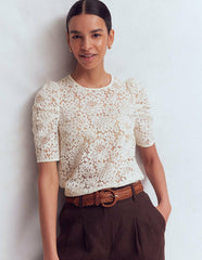 Pleat Sleeve Lace T-shirt-Ivory / Boden