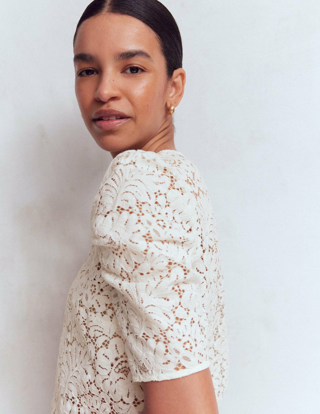 Pleat Sleeve Lace T-shirt-Ivory / Boden