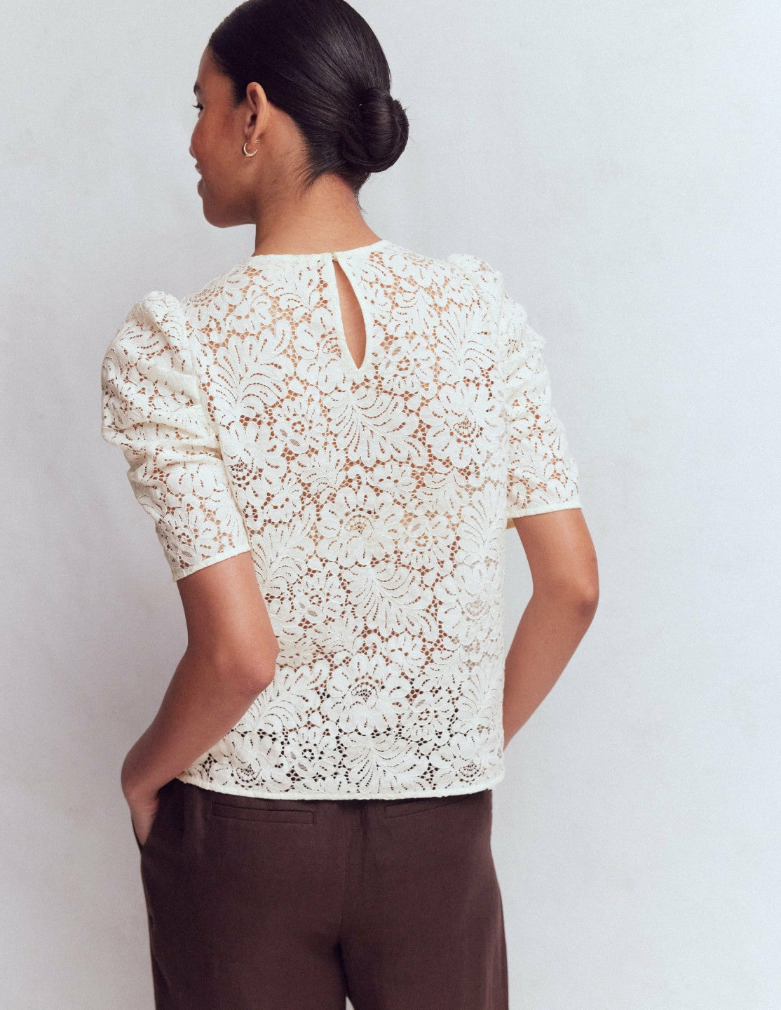 Pleat Sleeve Lace T-shirt-Ivory / Boden