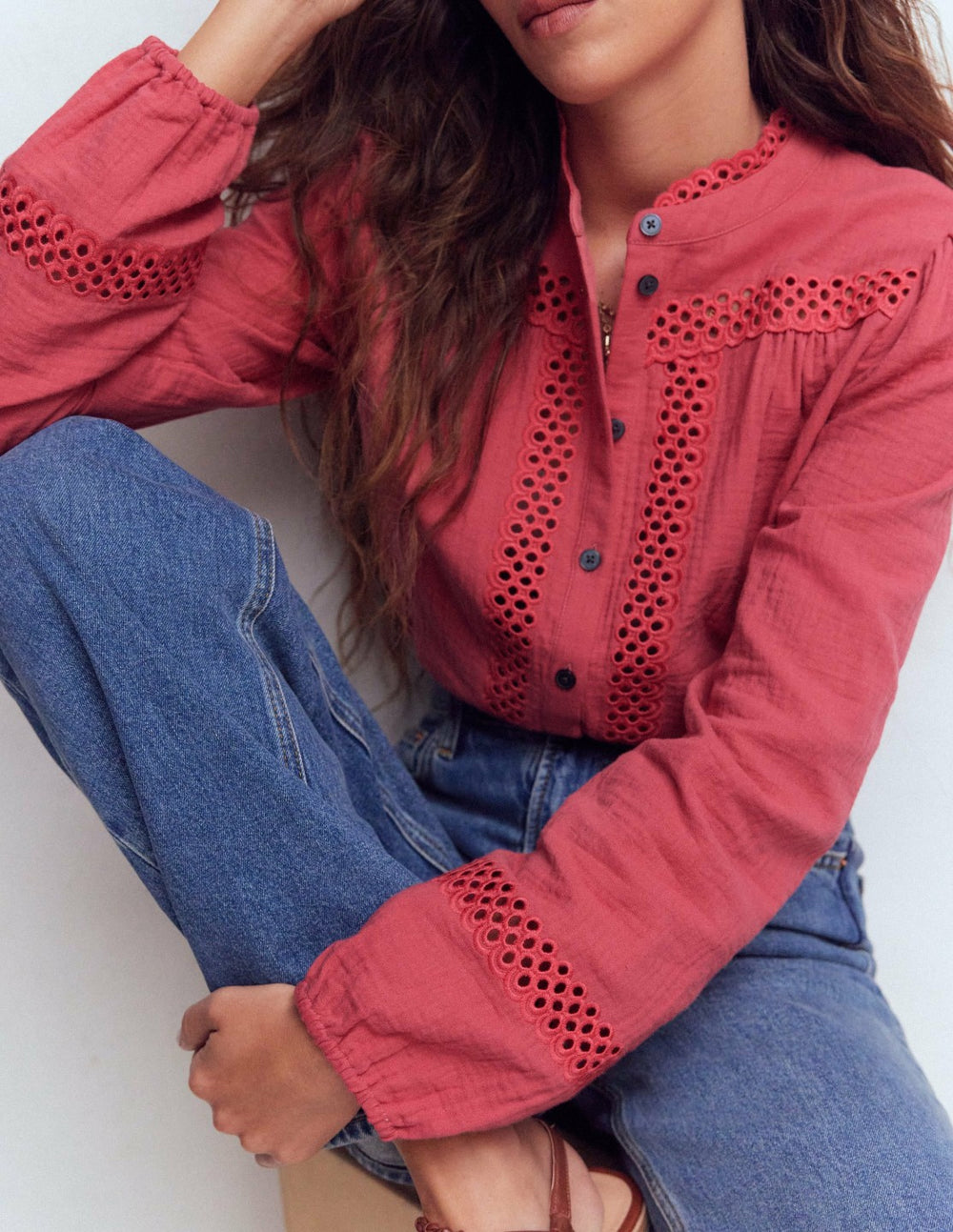 Trim Detail Double Cloth Top-Hollyberry / Boden Sale