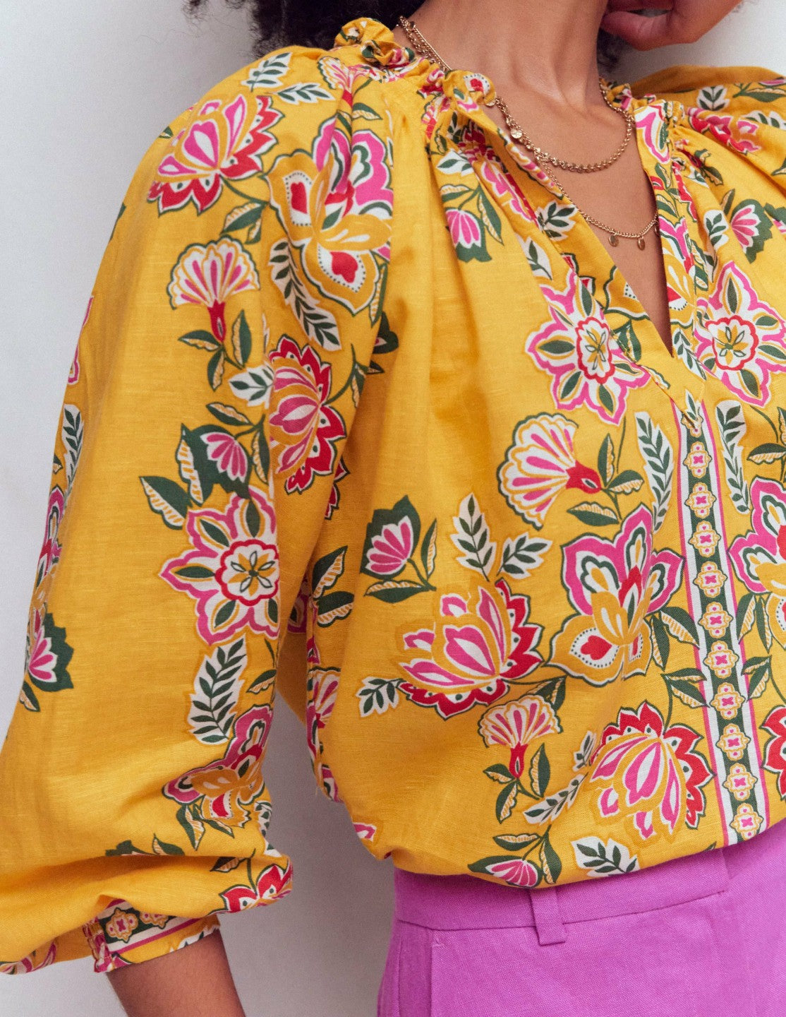 Serena Pleat Neck Linen Top-Marigold, Blossom Elegance / Boden Outlet