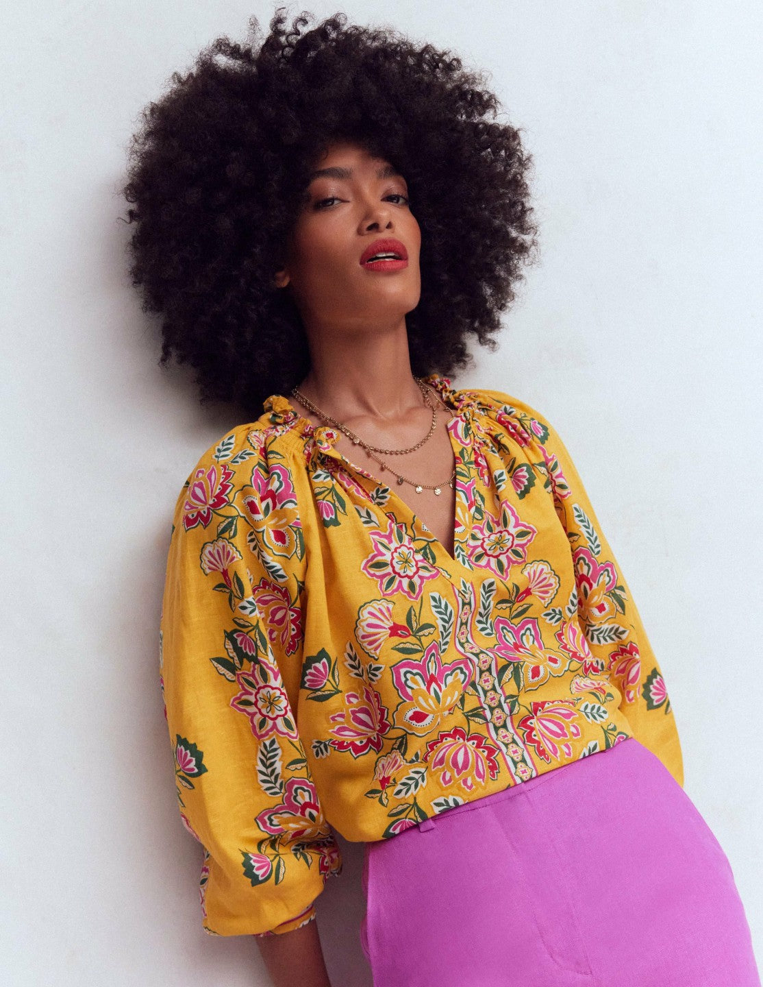 Serena Pleat Neck Linen Top-Marigold, Blossom Elegance / Boden Outlet