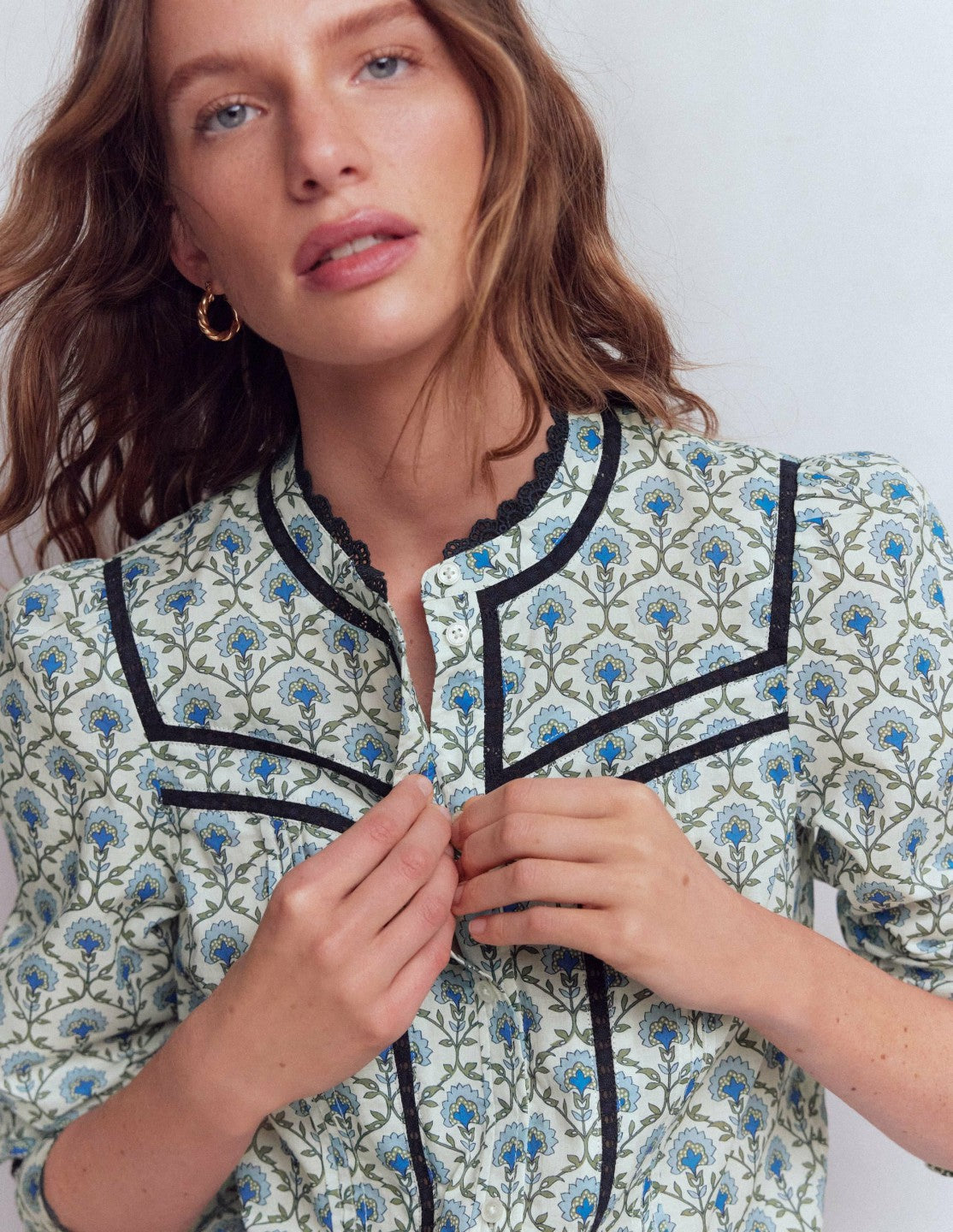 Carmen Trim Detail Cotton Top-Ivory, Flower Lattice / Boden Discount