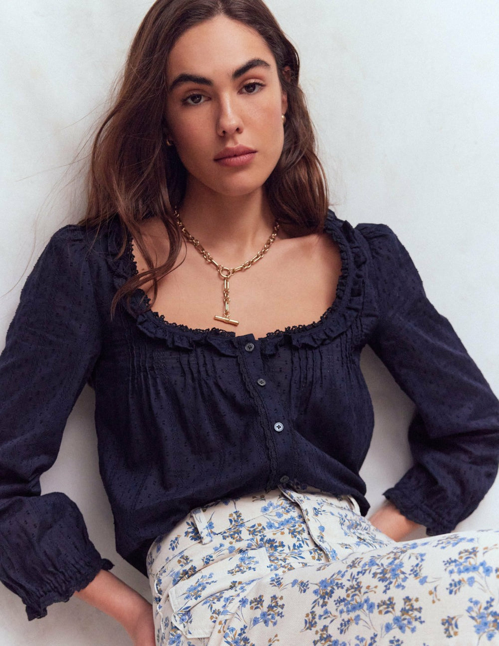 Scoop Neck Ruffle Top-Navy / Boden us