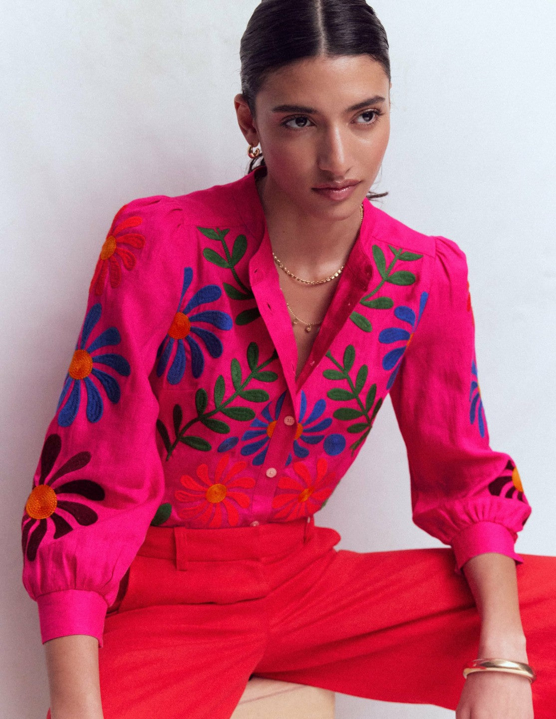 Alicia Linen Top-Pink Peony, Flower Embroidery / Boden
