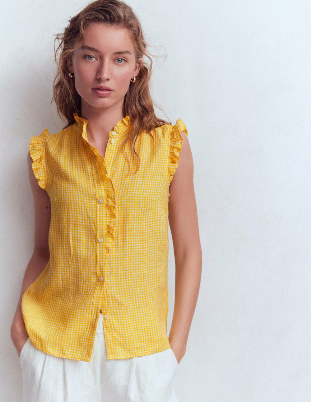 Isabel Sleeveless Linen Top-French Marigold Micro Gingham / Boden Discount