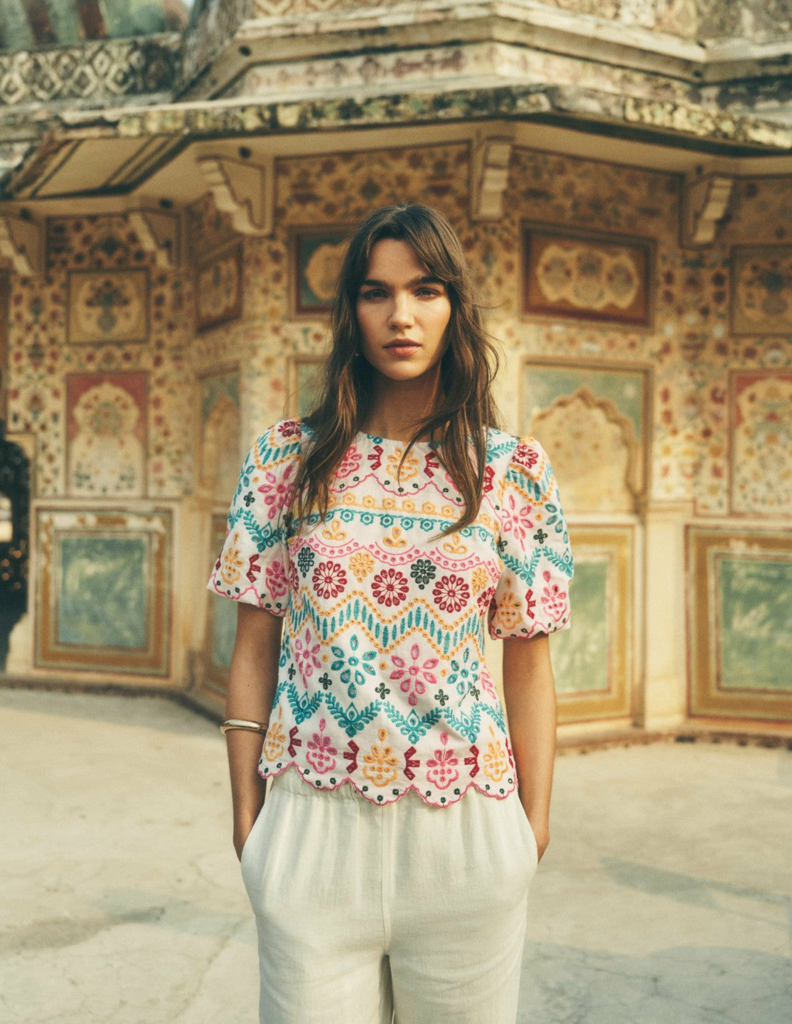 Linen Puff Sleeve Top-Multi Broderie / Boden Sale