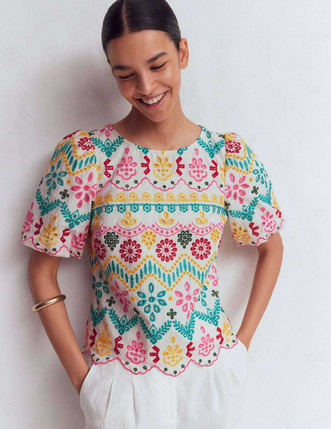 Linen Puff Sleeve Top-Multi Broderie / Boden Sale
