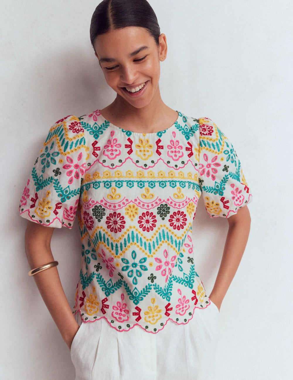 Linen Puff Sleeve Top-Multi Broderie / Boden Sale