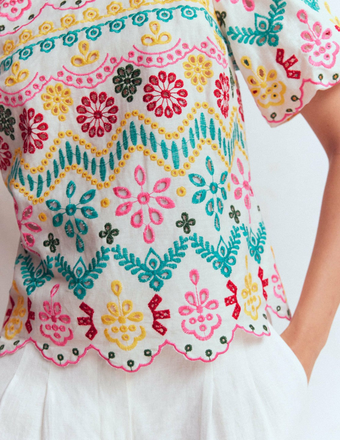 Linen Puff Sleeve Top-Multi Broderie / Boden Sale
