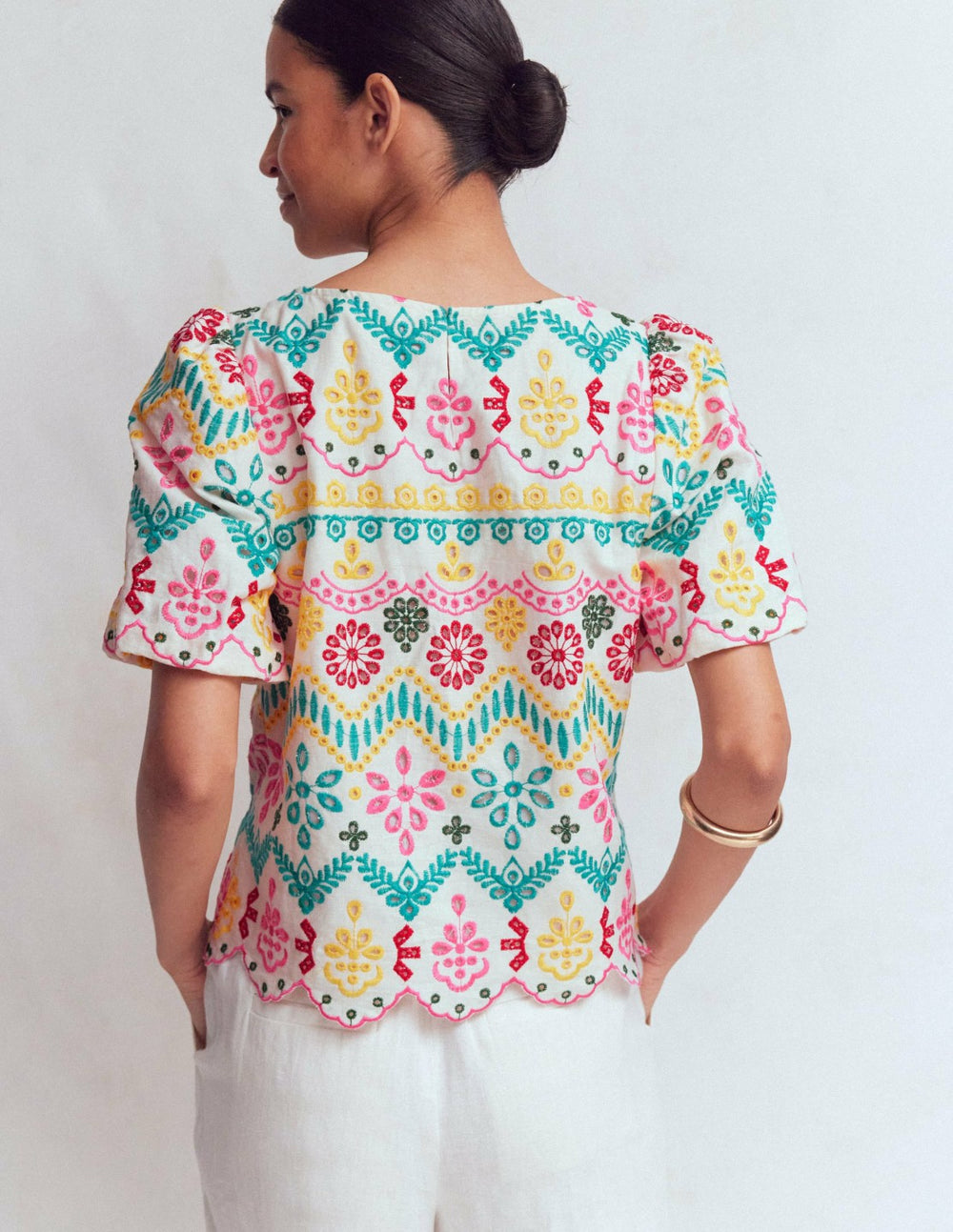 Linen Puff Sleeve Top-Multi Broderie / Boden Sale