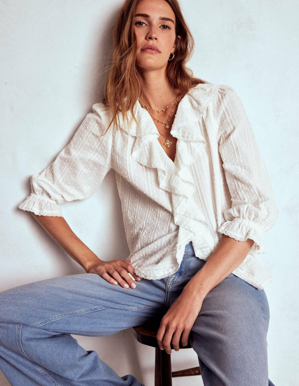 Eliza Ruffle V-Neck Blouse-White / Boden Online