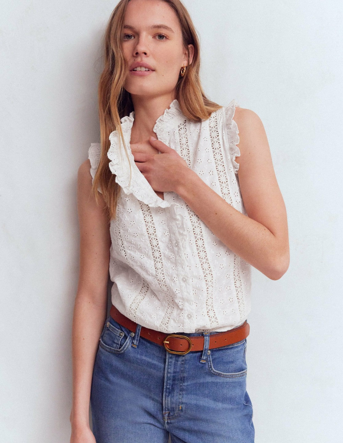 Isabel Sleeveless Broderie Top-White / Boden Outlet