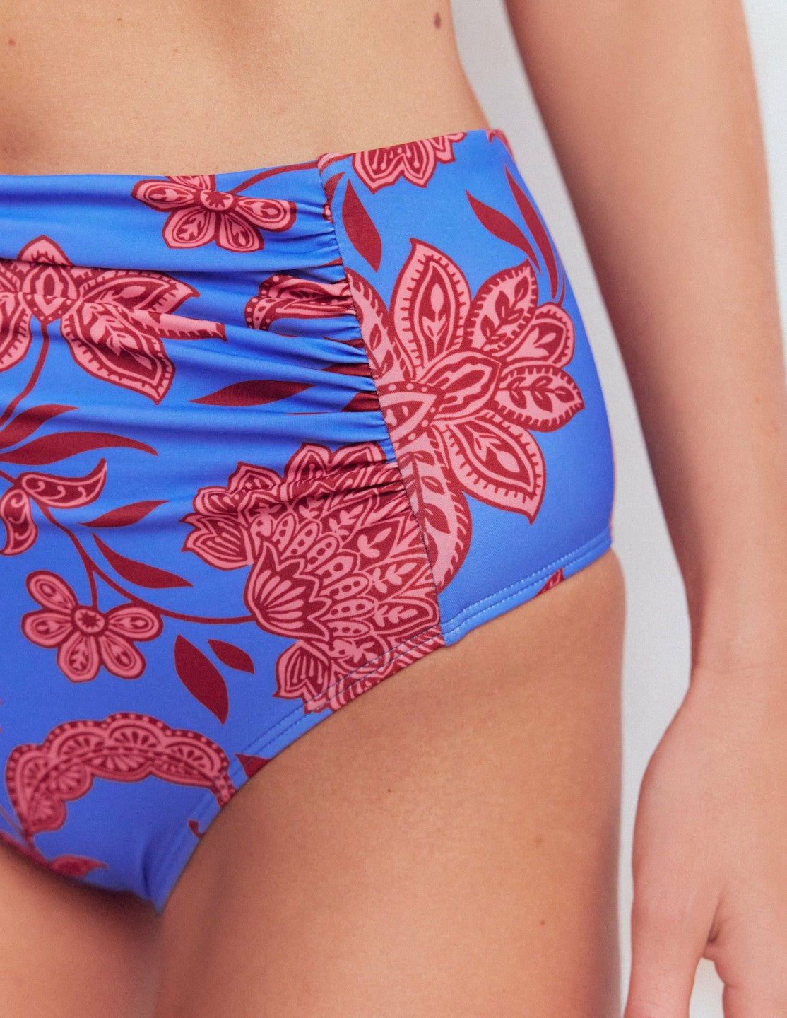 Kythira Ruched Bikini Bottoms-Blue, Elegant Blossom / Boden