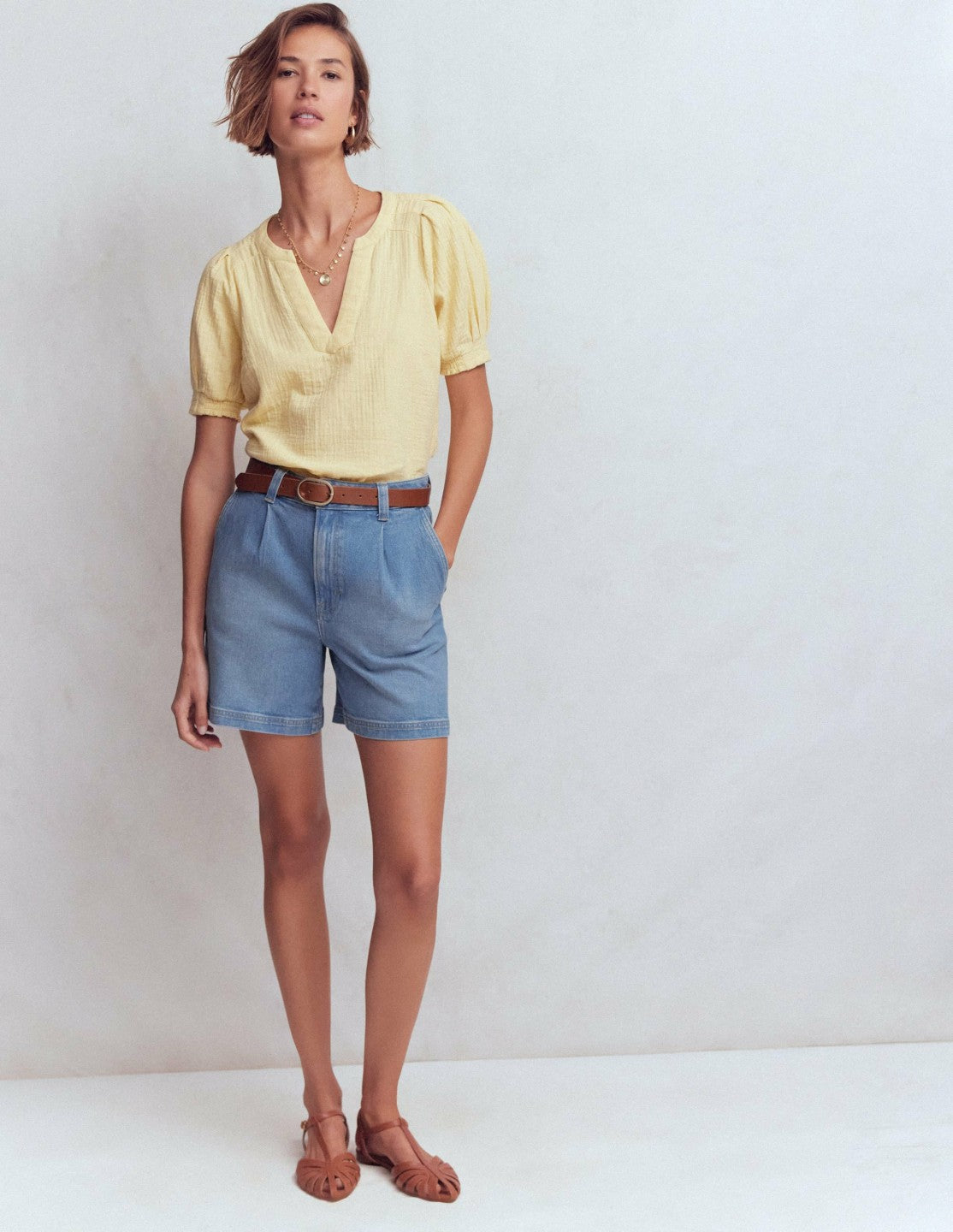 Pleat Front Denim Shorts-Light Vintage / Boden Sale