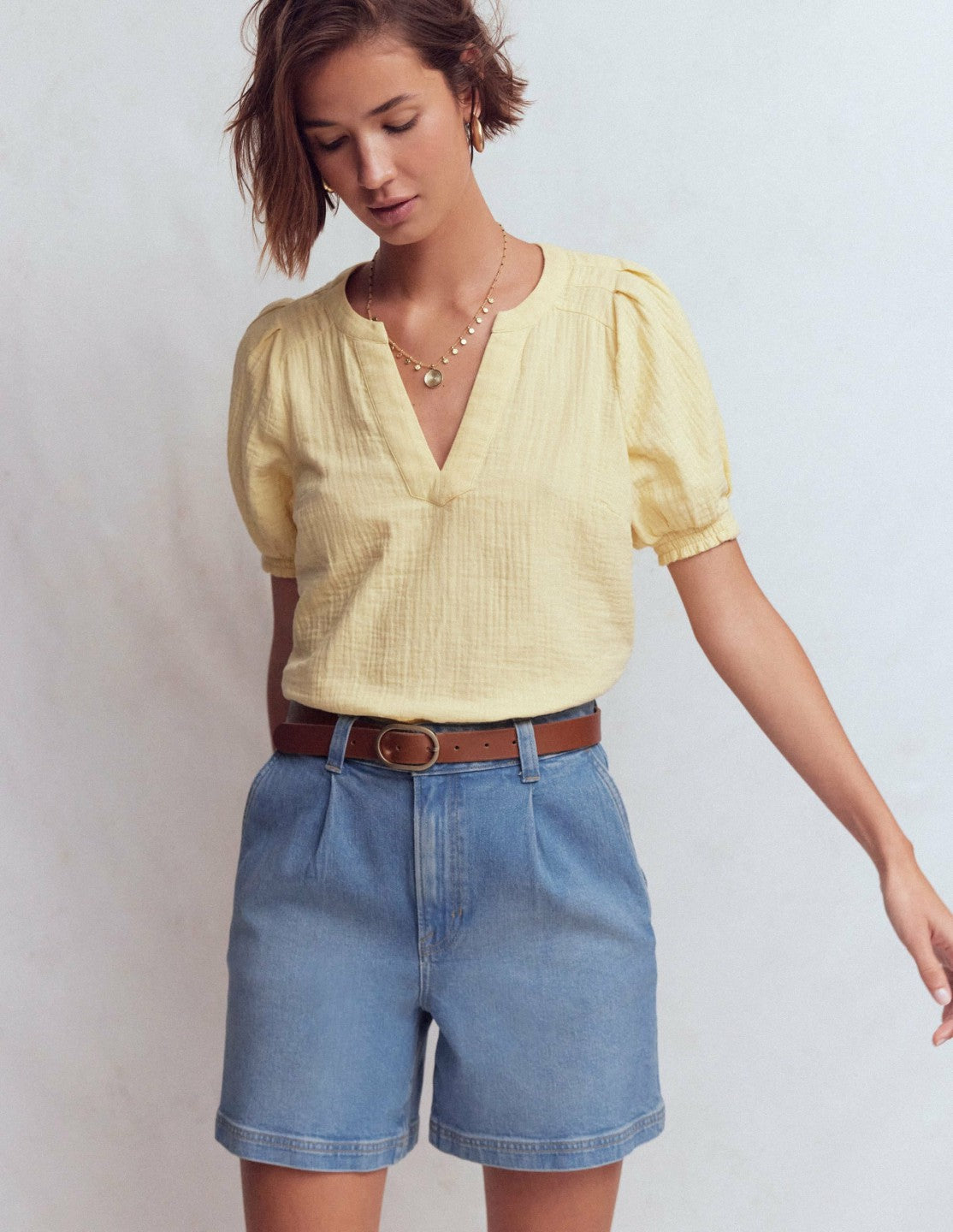 Pleat Front Denim Shorts-Light Vintage / Boden Sale