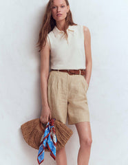 Chelsea Belted Linen Shorts-Brown, Ivory Ticking Stripe / Boden Online