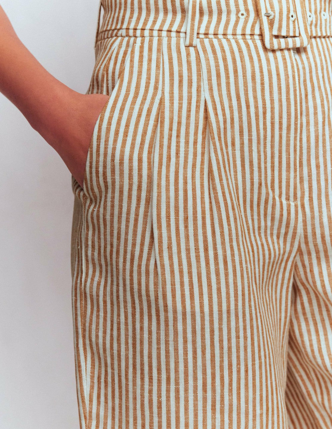 Chelsea Belted Linen Shorts-Brown, Ivory Ticking Stripe / Boden Online