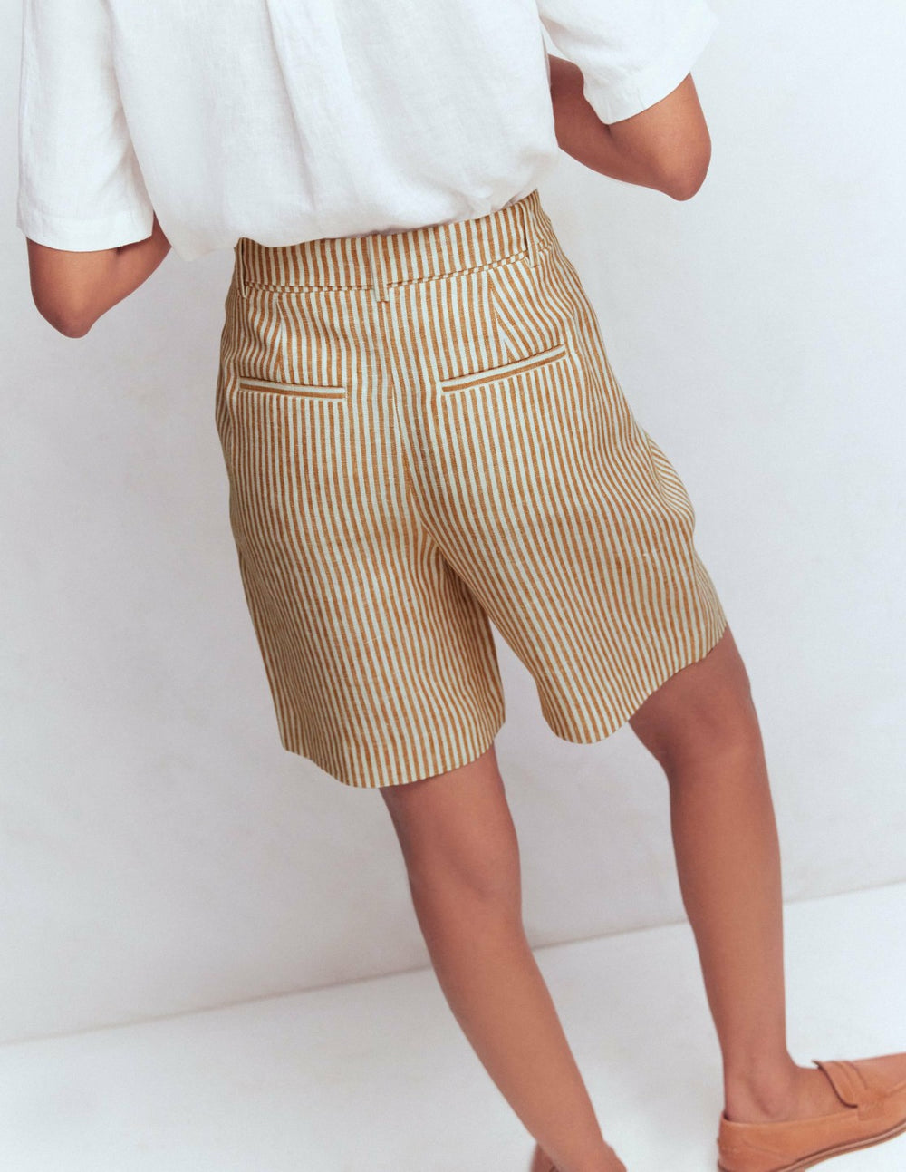 Chelsea Belted Linen Shorts-Brown, Ivory Ticking Stripe / Boden Online