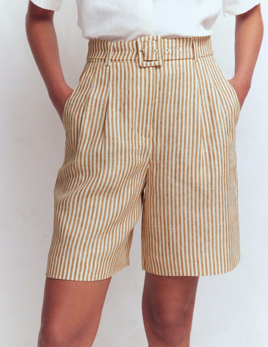 Chelsea Belted Linen Shorts-Brown, Ivory Ticking Stripe / Boden Online
