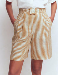 Chelsea Belted Linen Shorts-Brown, Ivory Ticking Stripe / Boden Online