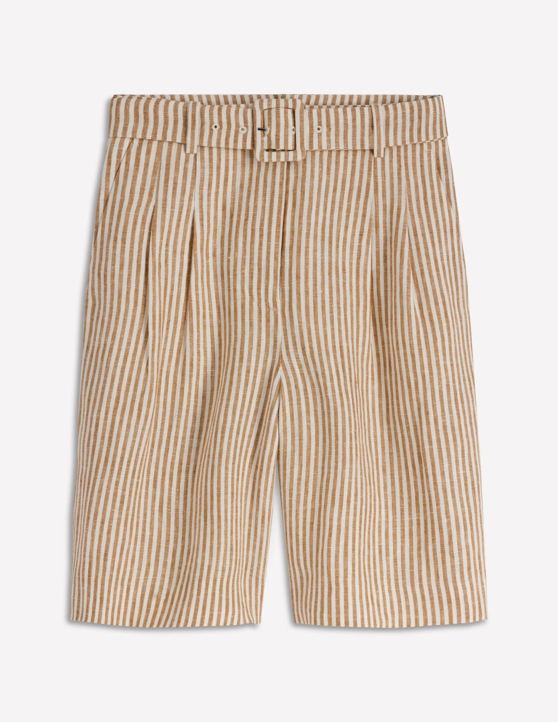 Chelsea Belted Linen Shorts-Brown, Ivory Ticking Stripe / Boden Online