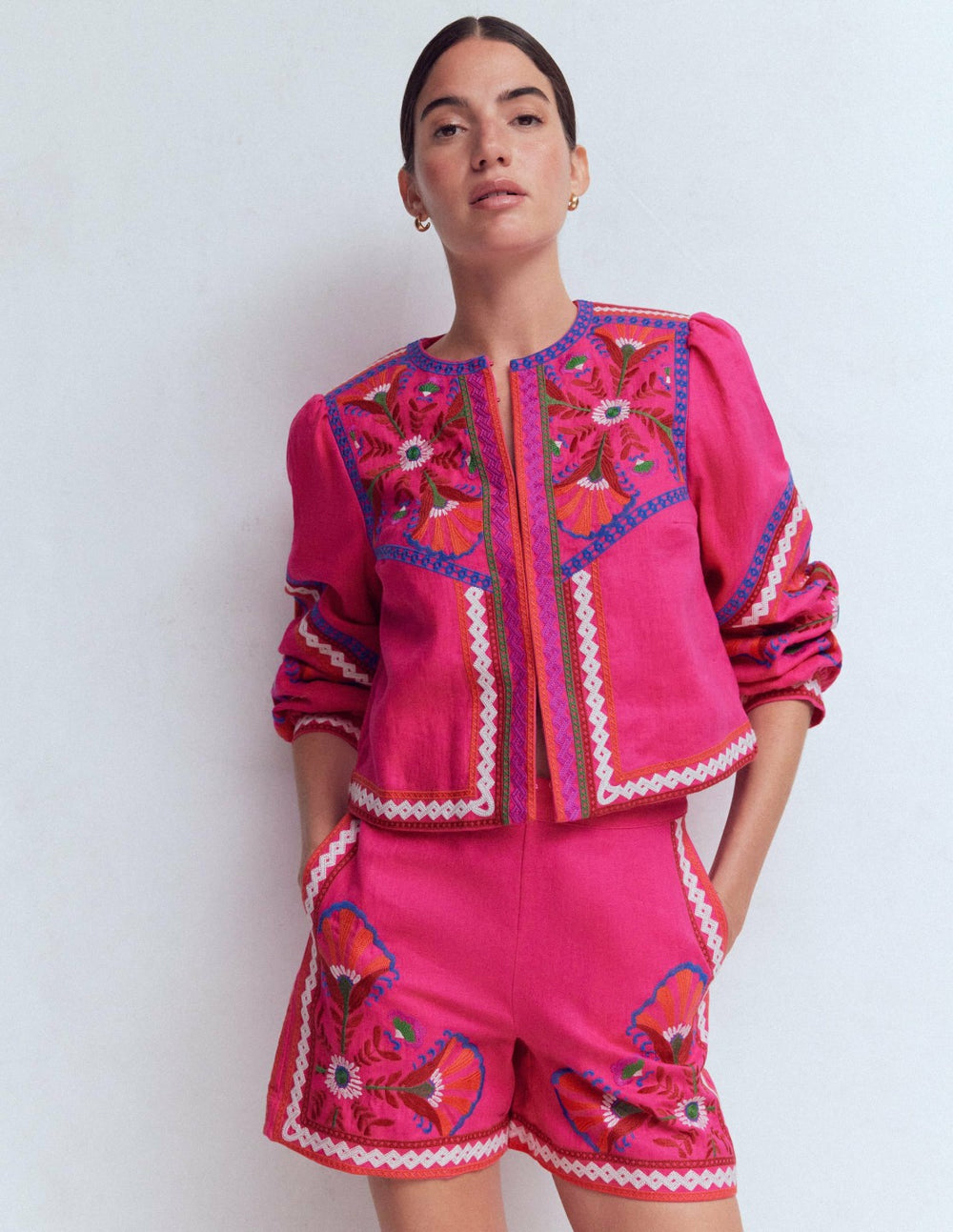 Embroidered Linen Shorts-Pink Peony, Embroidered / Boden On sale