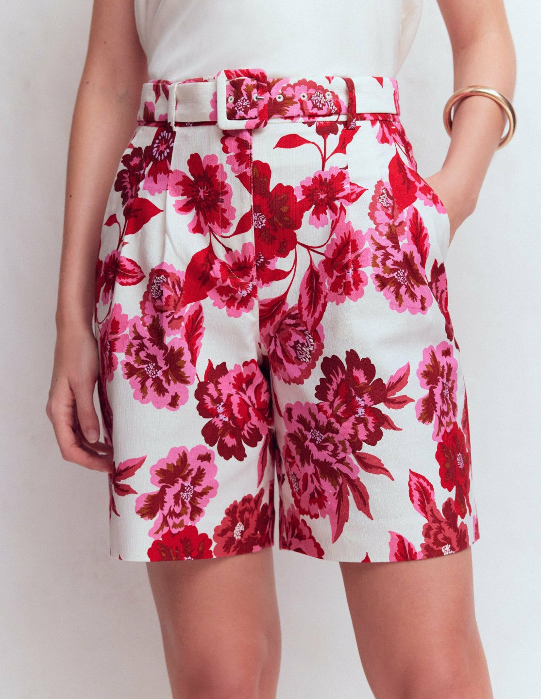 Chelsea Belted Tailored Shorts-Sangria Sunset, Floral Print / Boden us