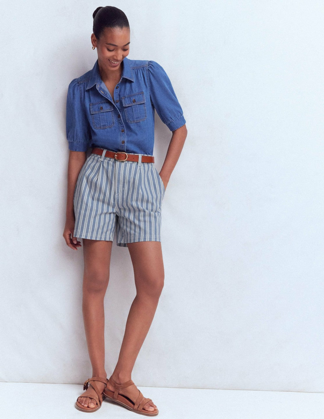 Pleat Front Denim Shorts-Stripe / Boden