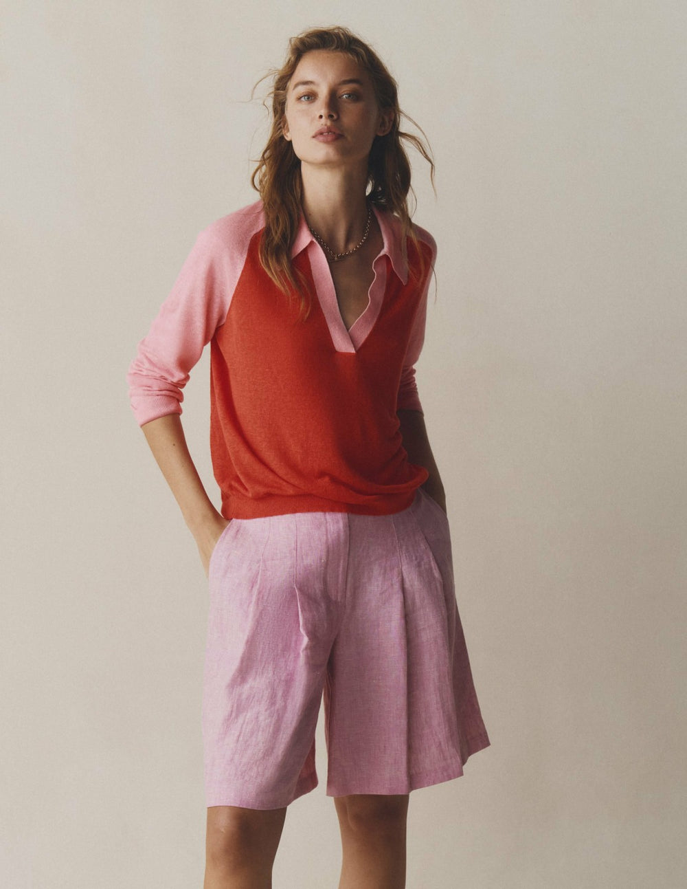 Highbury Pleated Linen Shorts-Meadowsweet Pink Chambray / Boden Outlet