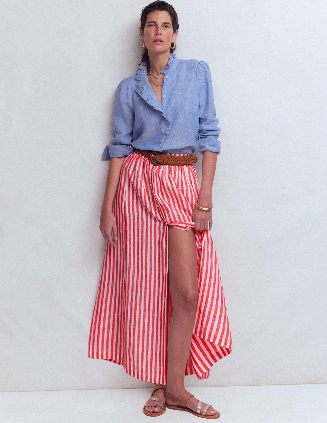Emma Linen Maxi Skirt-Bright Cherry and Ivory Stripe / Boden