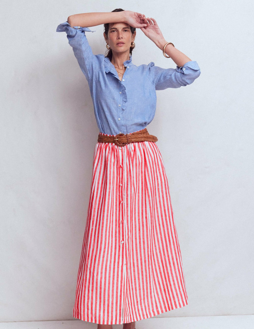 Emma Linen Maxi Skirt-Bright Cherry and Ivory Stripe / Boden