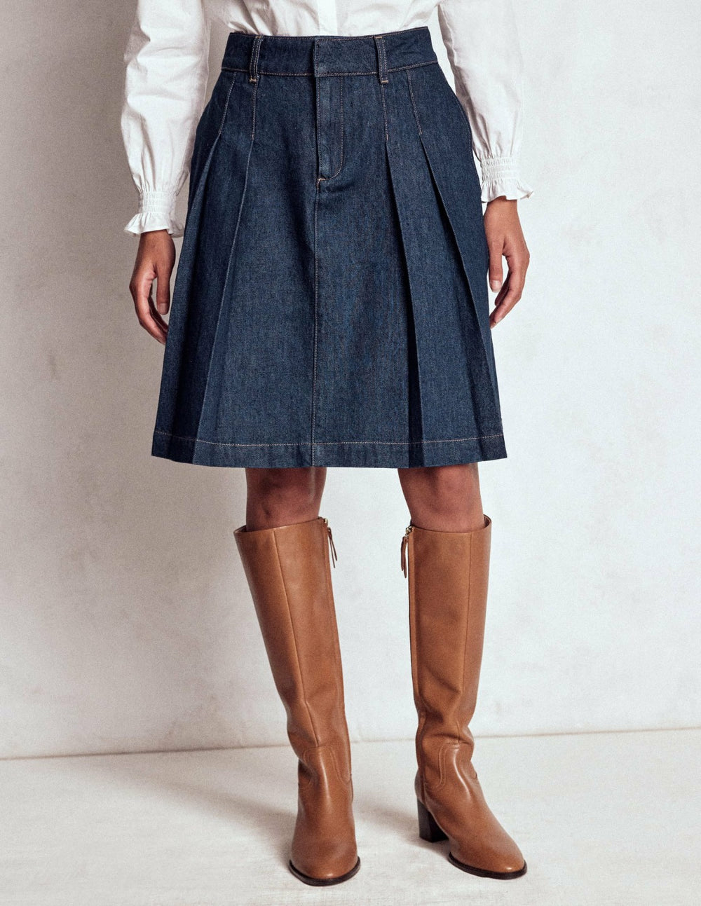 Pleated Denim Skirt-Indigo / Boden Sale