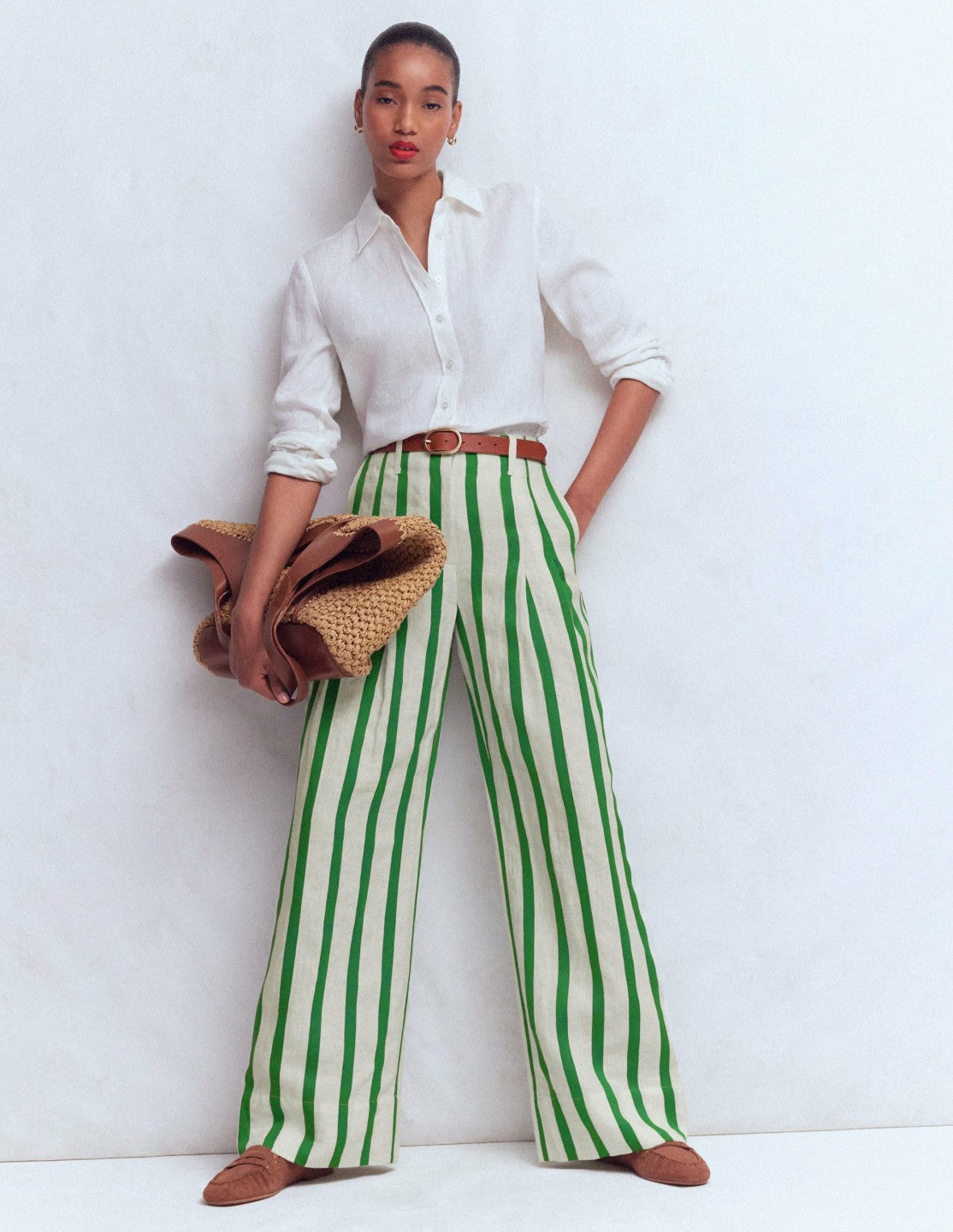 Mayfair Linen Pants-Ivory, Fresh Green Stripe / Boden Discount