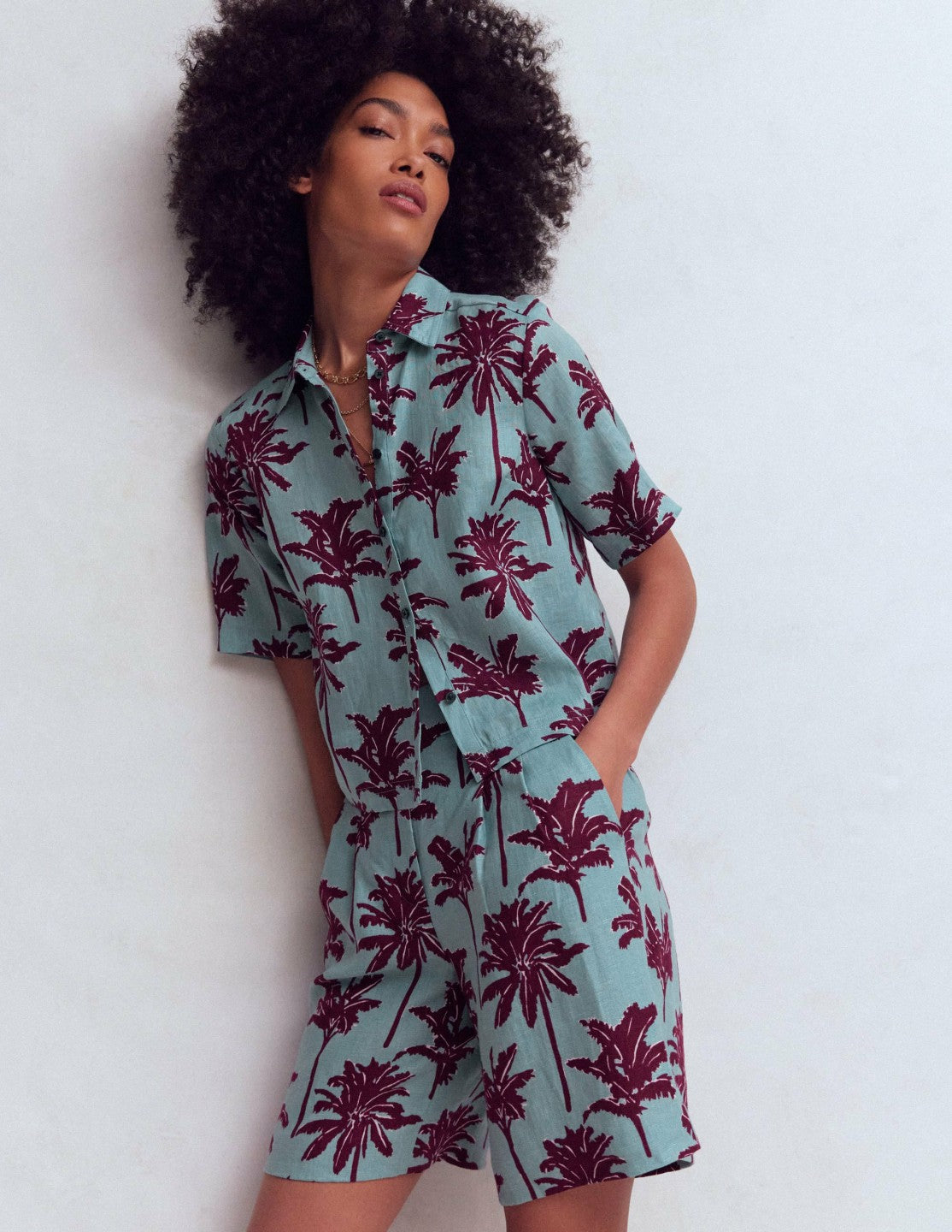 Short Sleeve Linen Shirt-Seamist Blue, Palm Paradise / Boden Sale