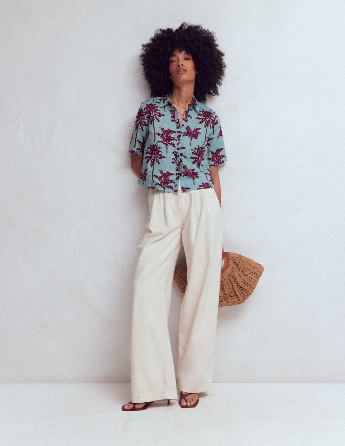 Short Sleeve Linen Shirt-Seamist Blue, Palm Paradise / Boden Sale