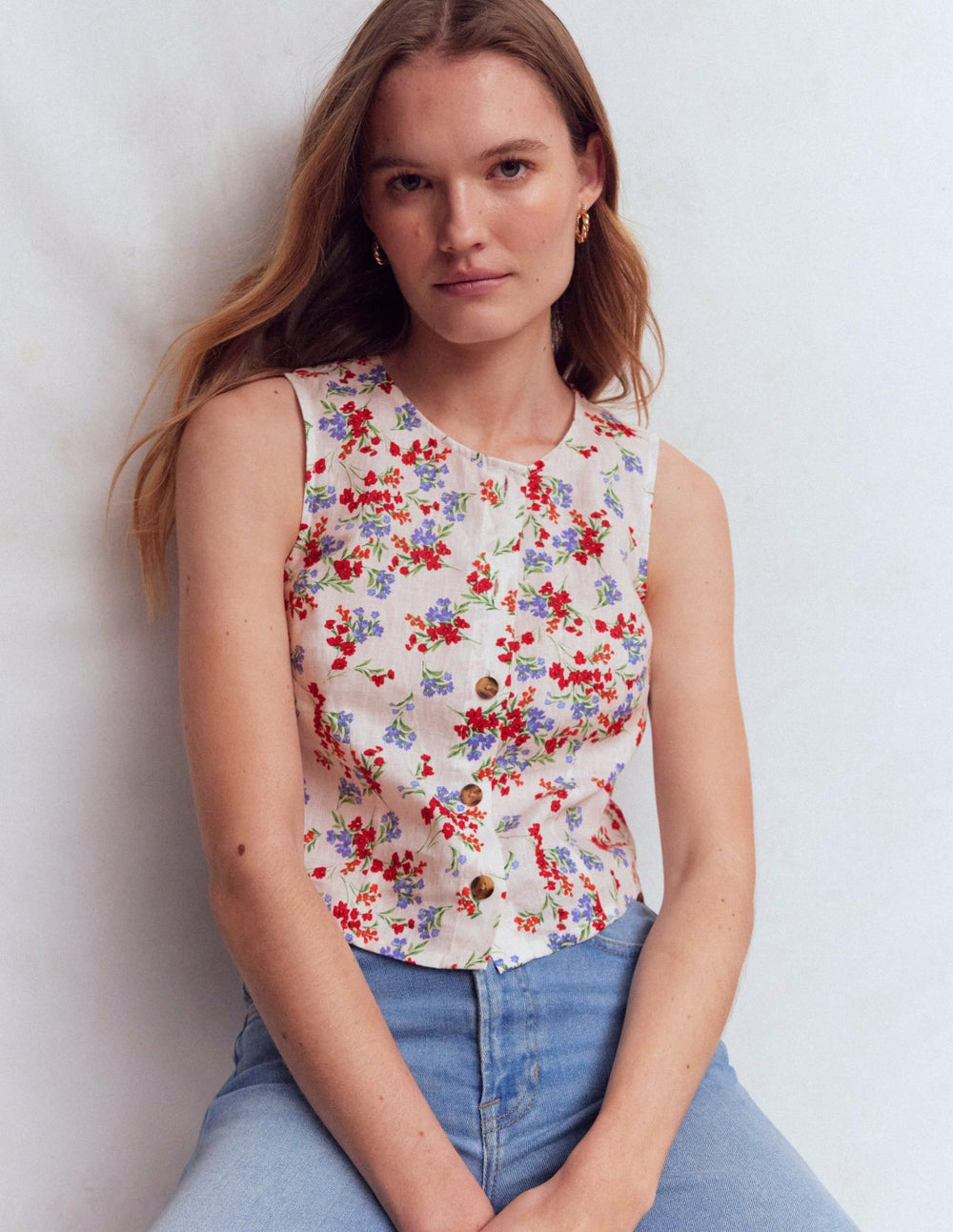 Andrea Linen Shell Top-Ivory, Bloom Scatter / Boden Online