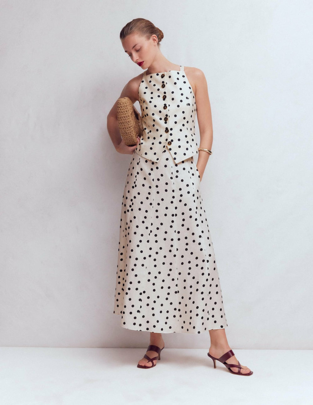 Square Neck Linen Waistcoat-Ivory, Painted Dot Spaced / Boden Outlet