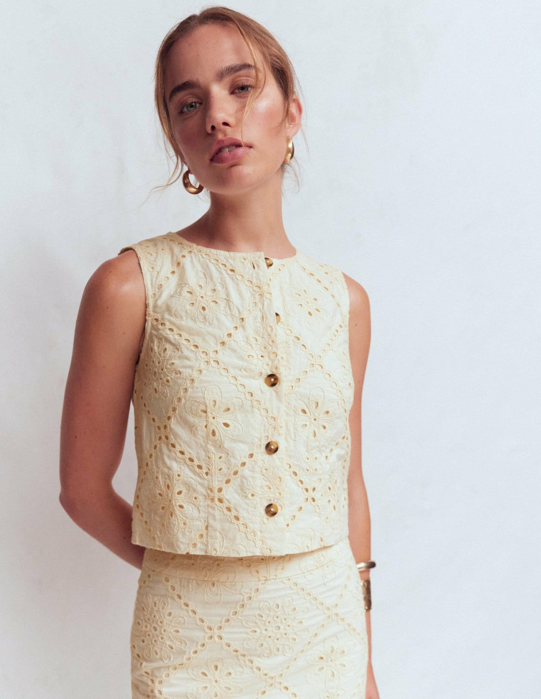 Andrea Cotton Shell Top-Ivory broderie / Boden us