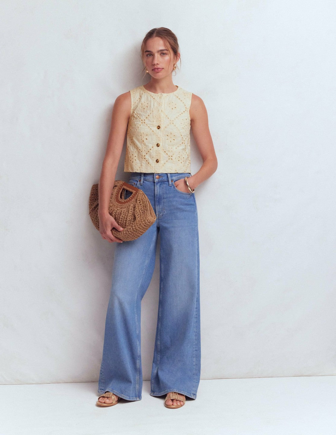 Andrea Cotton Shell Top-Ivory broderie / Boden us