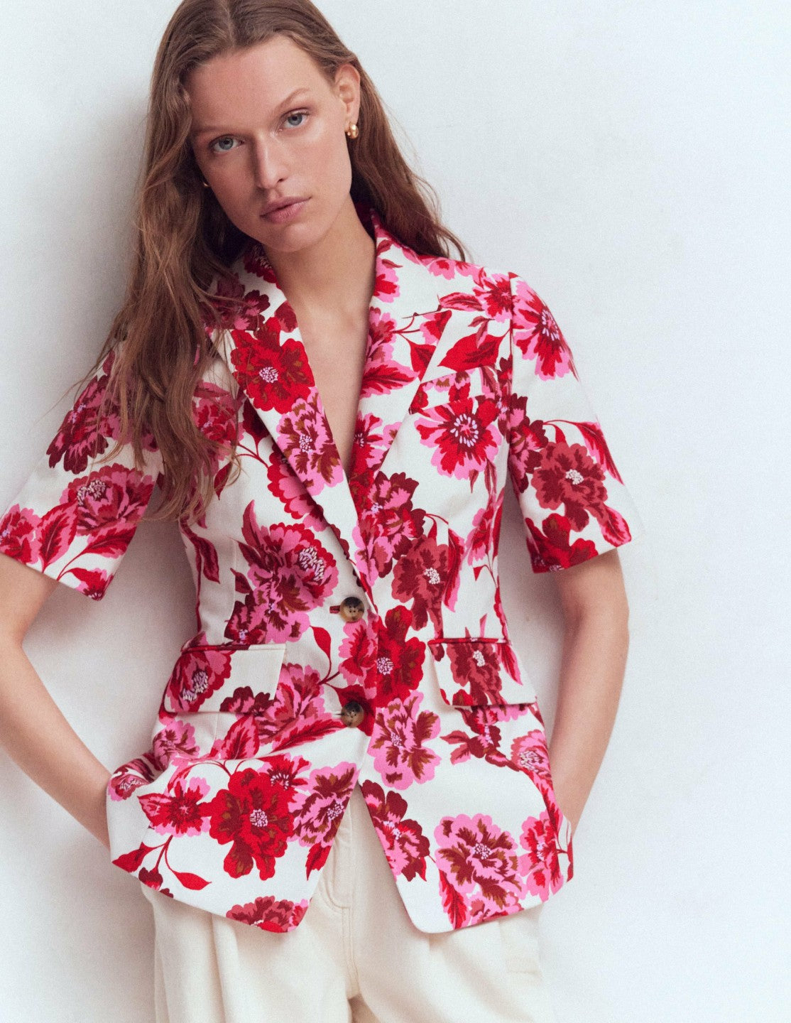Short Sleeve Cotton Blazer-Sangria Sunset, Floral Print / Boden Outlet