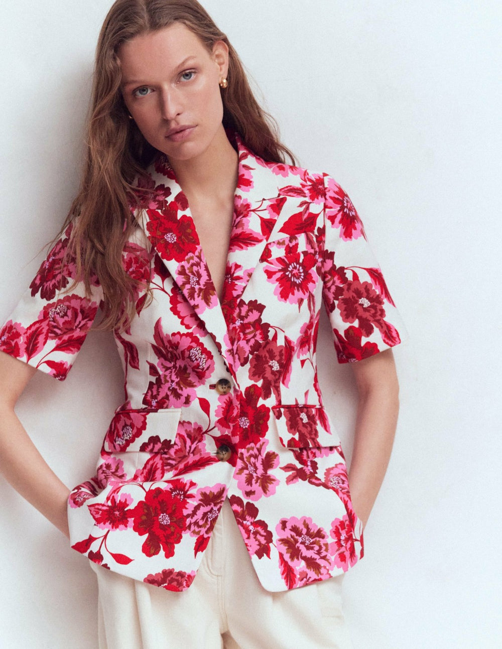 Short Sleeve Cotton Blazer-Sangria Sunset, Floral Print / Boden Outlet